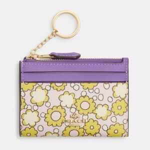 Coach Mini Skinny ID Card Case Wallet with Floral Print in Gold/Lilac Multi NWT